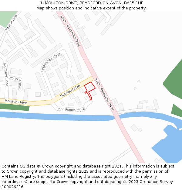 1, MOULTON DRIVE, BRADFORD-ON-AVON, BA15 1UF: Location map and indicative extent of plot