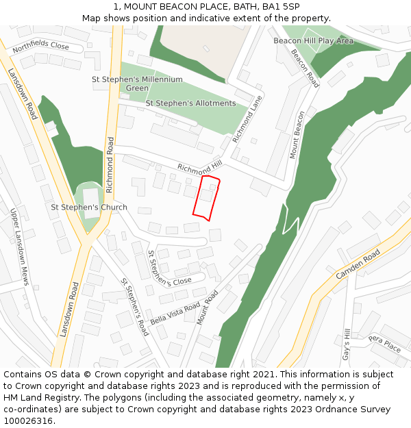 1, MOUNT BEACON PLACE, BATH, BA1 5SP: Location map and indicative extent of plot