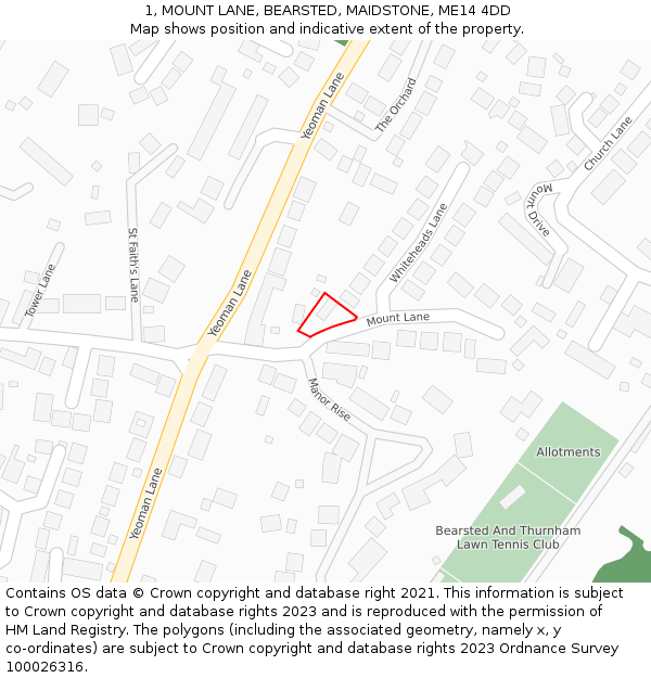 1, MOUNT LANE, BEARSTED, MAIDSTONE, ME14 4DD: Location map and indicative extent of plot