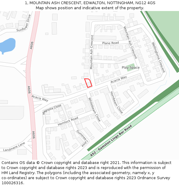 1, MOUNTAIN ASH CRESCENT, EDWALTON, NOTTINGHAM, NG12 4GS: Location map and indicative extent of plot