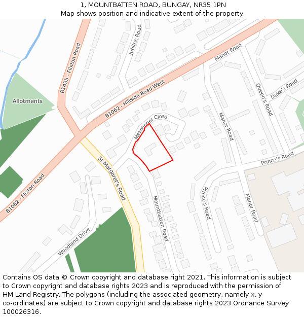 1, MOUNTBATTEN ROAD, BUNGAY, NR35 1PN: Location map and indicative extent of plot