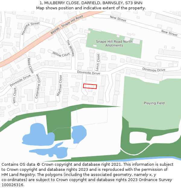 1, MULBERRY CLOSE, DARFIELD, BARNSLEY, S73 9NN: Location map and indicative extent of plot