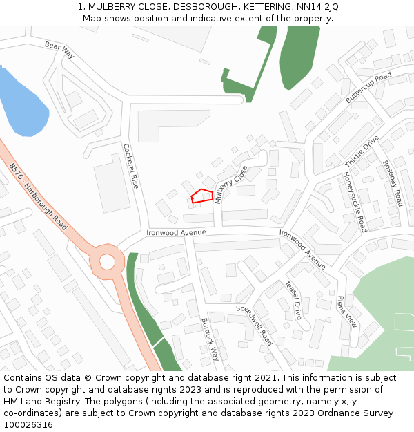 1, MULBERRY CLOSE, DESBOROUGH, KETTERING, NN14 2JQ: Location map and indicative extent of plot