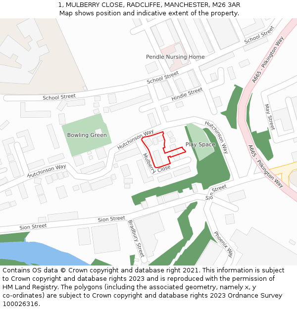 1, MULBERRY CLOSE, RADCLIFFE, MANCHESTER, M26 3AR: Location map and indicative extent of plot