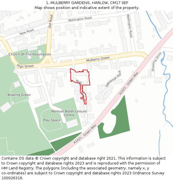 1, MULBERRY GARDENS, HARLOW, CM17 0EF: Location map and indicative extent of plot