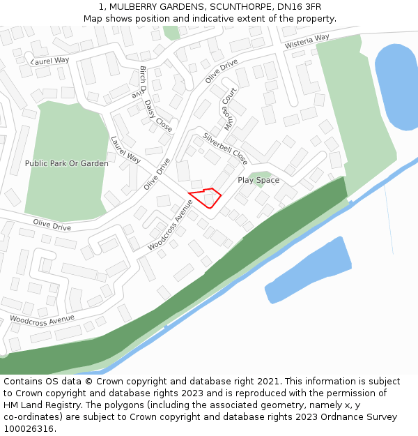 1, MULBERRY GARDENS, SCUNTHORPE, DN16 3FR: Location map and indicative extent of plot