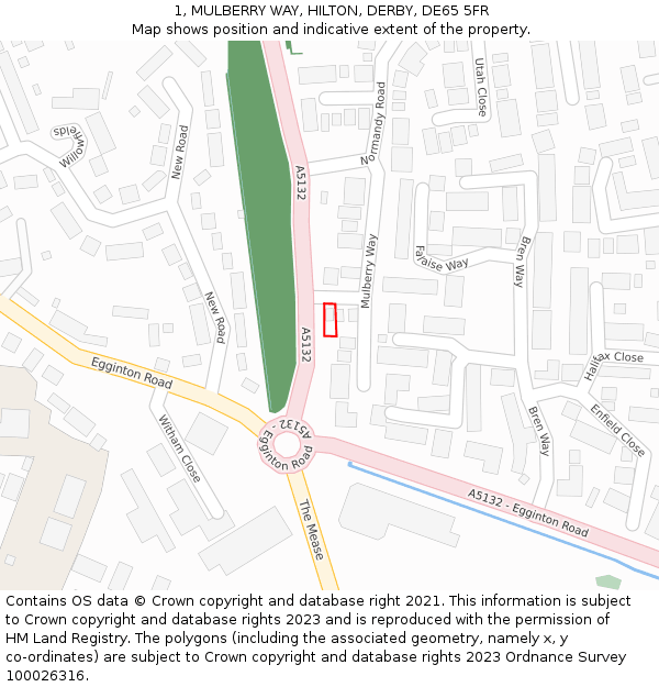 1, MULBERRY WAY, HILTON, DERBY, DE65 5FR: Location map and indicative extent of plot