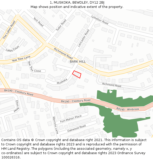 1, MUSKOKA, BEWDLEY, DY12 2BJ: Location map and indicative extent of plot