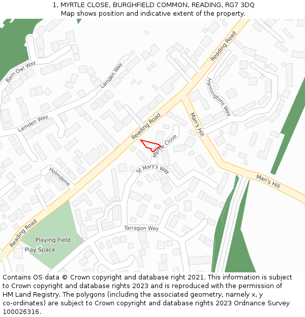 1, MYRTLE CLOSE, BURGHFIELD COMMON, READING, RG7 3DQ: Location map and indicative extent of plot