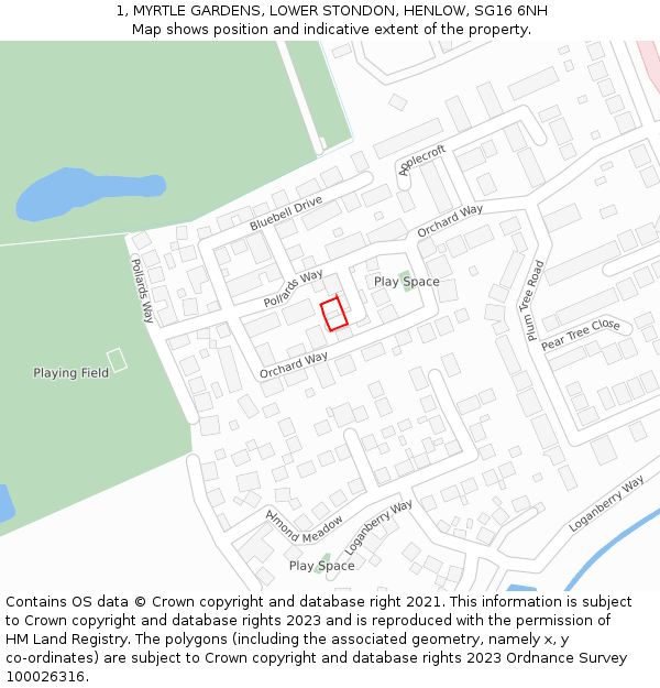 1, MYRTLE GARDENS, LOWER STONDON, HENLOW, SG16 6NH: Location map and indicative extent of plot