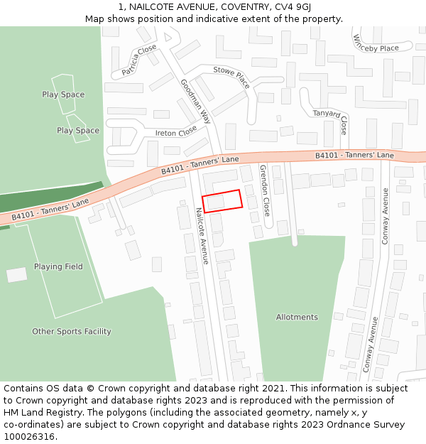 1, NAILCOTE AVENUE, COVENTRY, CV4 9GJ: Location map and indicative extent of plot