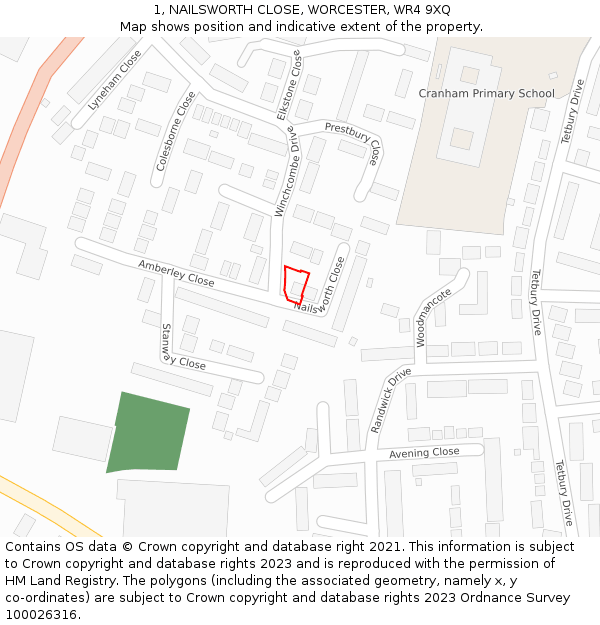 1, NAILSWORTH CLOSE, WORCESTER, WR4 9XQ: Location map and indicative extent of plot