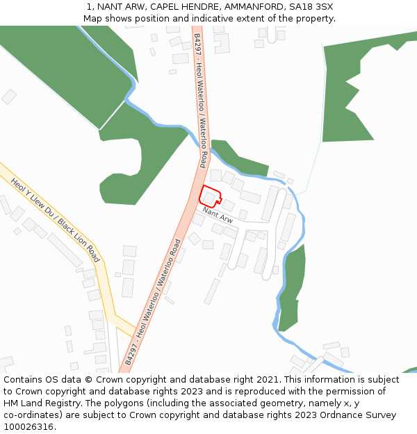1, NANT ARW, CAPEL HENDRE, AMMANFORD, SA18 3SX: Location map and indicative extent of plot