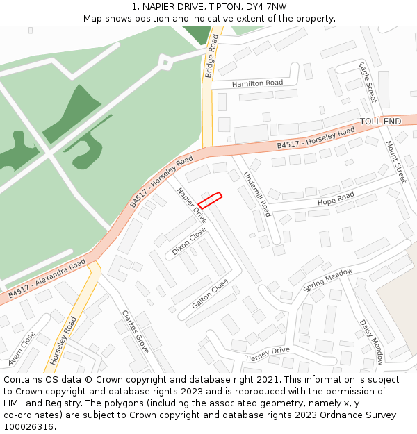 1, NAPIER DRIVE, TIPTON, DY4 7NW: Location map and indicative extent of plot