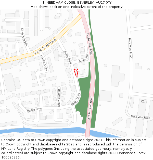 1, NEEDHAM CLOSE, BEVERLEY, HU17 0TY: Location map and indicative extent of plot