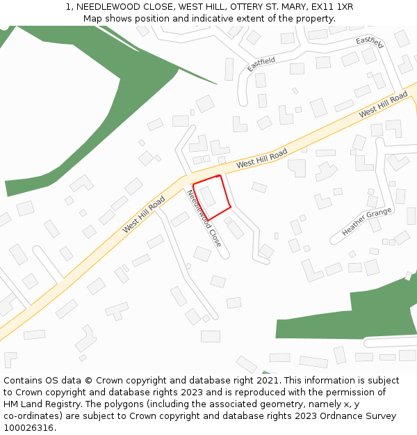 1, NEEDLEWOOD CLOSE, WEST HILL, OTTERY ST. MARY, EX11 1XR: Location map and indicative extent of plot