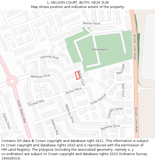 1, NELSON COURT, BLYTH, NE24 3UW: Location map and indicative extent of plot