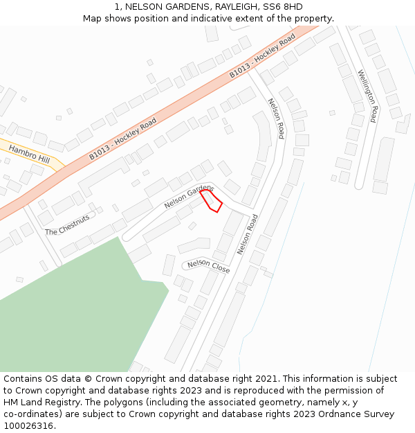1, NELSON GARDENS, RAYLEIGH, SS6 8HD: Location map and indicative extent of plot