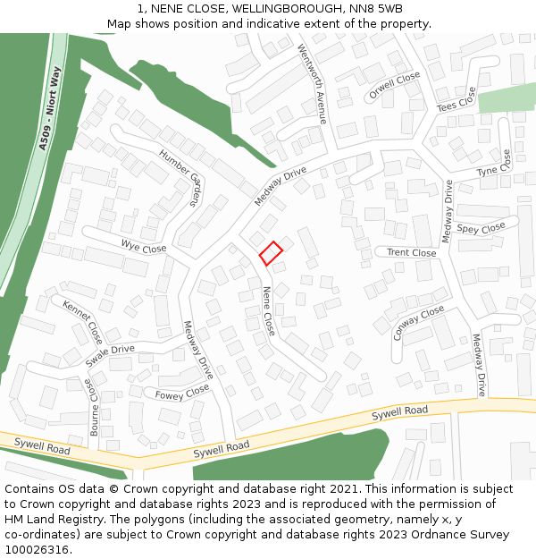 1, NENE CLOSE, WELLINGBOROUGH, NN8 5WB: Location map and indicative extent of plot