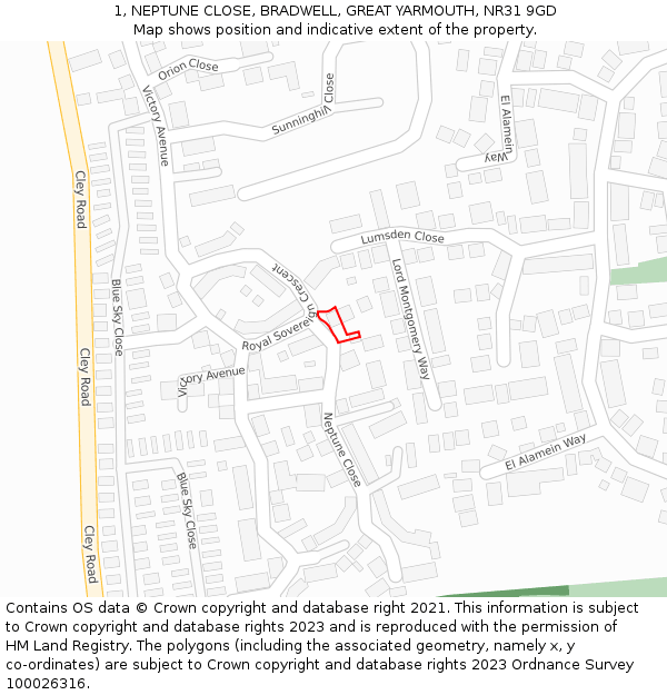 1, NEPTUNE CLOSE, BRADWELL, GREAT YARMOUTH, NR31 9GD: Location map and indicative extent of plot