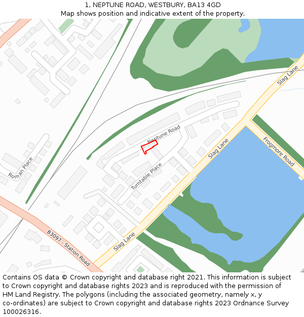 1, NEPTUNE ROAD, WESTBURY, BA13 4GD: Location map and indicative extent of plot