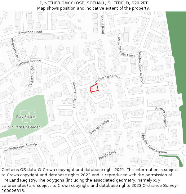 1, NETHER OAK CLOSE, SOTHALL, SHEFFIELD, S20 2PT: Location map and indicative extent of plot