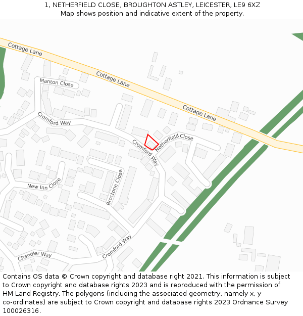 1, NETHERFIELD CLOSE, BROUGHTON ASTLEY, LEICESTER, LE9 6XZ: Location map and indicative extent of plot