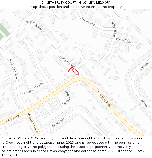 1, NETHERLEY COURT, HINCKLEY, LE10 0RN: Location map and indicative extent of plot