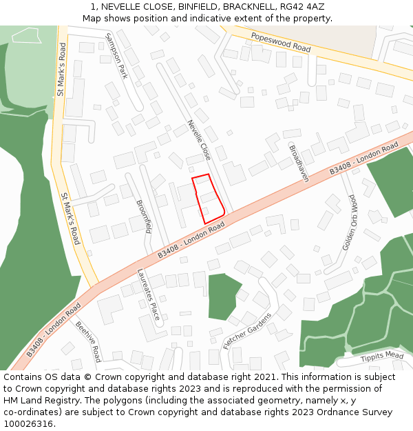 1, NEVELLE CLOSE, BINFIELD, BRACKNELL, RG42 4AZ: Location map and indicative extent of plot