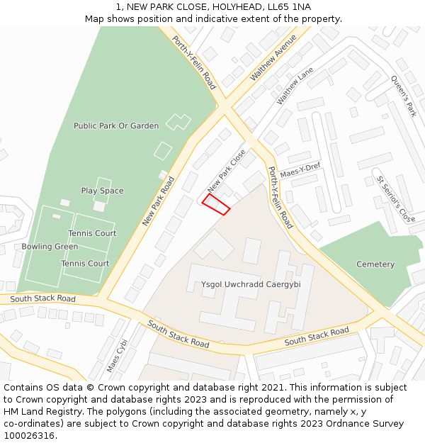 1, NEW PARK CLOSE, HOLYHEAD, LL65 1NA: Location map and indicative extent of plot