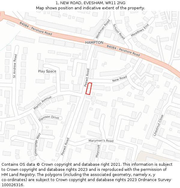 1, NEW ROAD, EVESHAM, WR11 2NG: Location map and indicative extent of plot