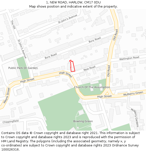 1, NEW ROAD, HARLOW, CM17 0DU: Location map and indicative extent of plot