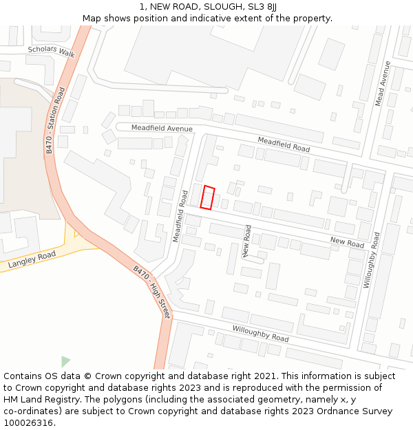 1, NEW ROAD, SLOUGH, SL3 8JJ: Location map and indicative extent of plot