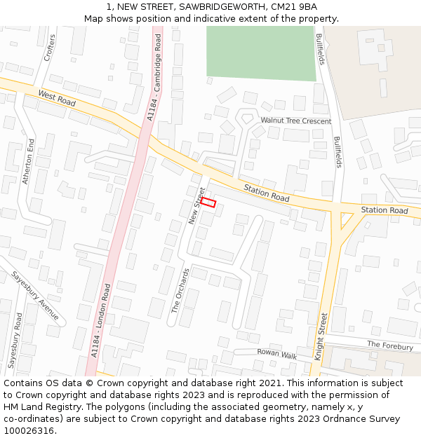 1, NEW STREET, SAWBRIDGEWORTH, CM21 9BA: Location map and indicative extent of plot