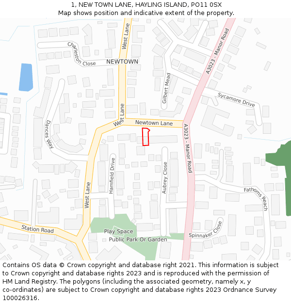 1, NEW TOWN LANE, HAYLING ISLAND, PO11 0SX: Location map and indicative extent of plot