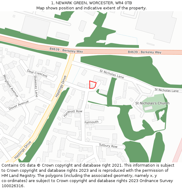 1, NEWARK GREEN, WORCESTER, WR4 0TB: Location map and indicative extent of plot