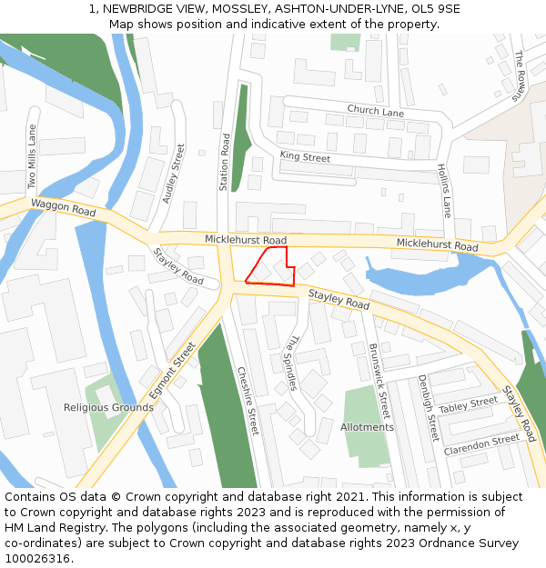 1, NEWBRIDGE VIEW, MOSSLEY, ASHTON-UNDER-LYNE, OL5 9SE: Location map and indicative extent of plot