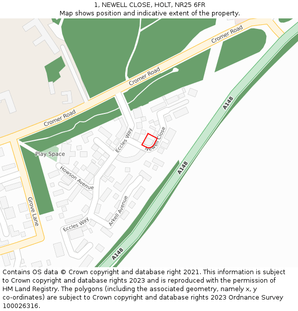 1, NEWELL CLOSE, HOLT, NR25 6FR: Location map and indicative extent of plot