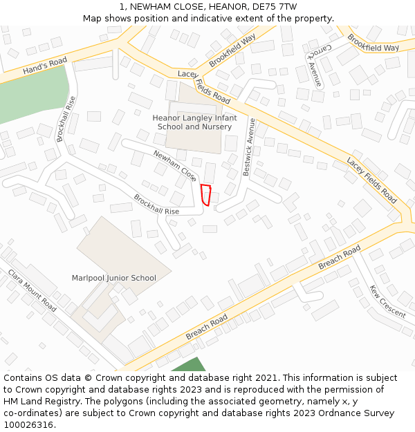 1, NEWHAM CLOSE, HEANOR, DE75 7TW: Location map and indicative extent of plot