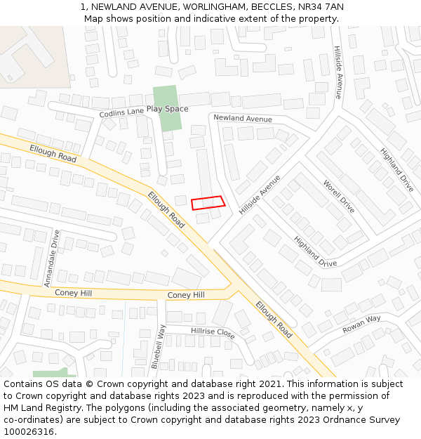 1, NEWLAND AVENUE, WORLINGHAM, BECCLES, NR34 7AN: Location map and indicative extent of plot
