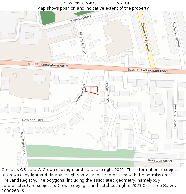 1, NEWLAND PARK, HULL, HU5 2DN: Location map and indicative extent of plot