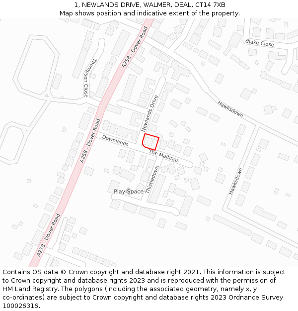 1, NEWLANDS DRIVE, WALMER, DEAL, CT14 7XB: Location map and indicative extent of plot