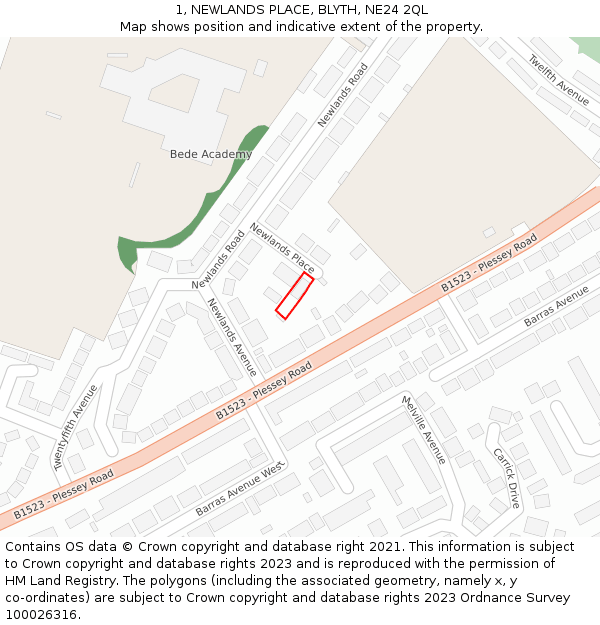 1, NEWLANDS PLACE, BLYTH, NE24 2QL: Location map and indicative extent of plot