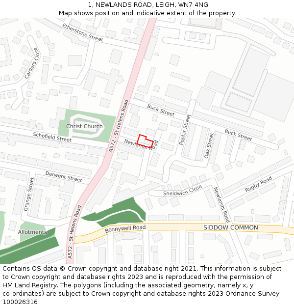 1, NEWLANDS ROAD, LEIGH, WN7 4NG: Location map and indicative extent of plot