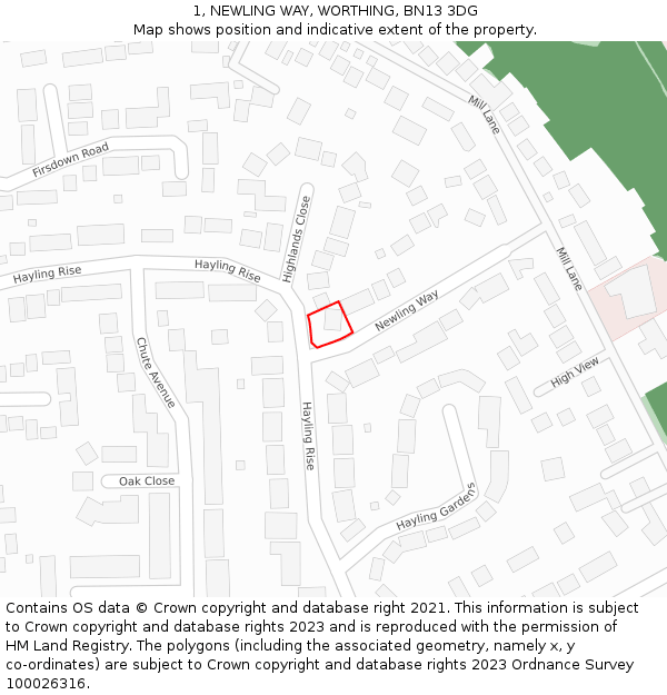 1, NEWLING WAY, WORTHING, BN13 3DG: Location map and indicative extent of plot