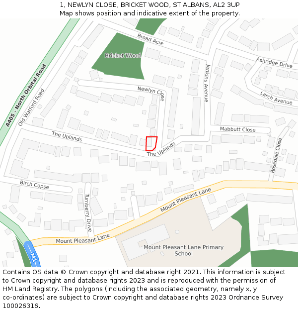 1, NEWLYN CLOSE, BRICKET WOOD, ST ALBANS, AL2 3UP: Location map and indicative extent of plot