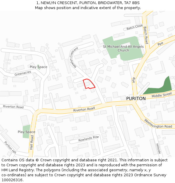 1, NEWLYN CRESCENT, PURITON, BRIDGWATER, TA7 8BS: Location map and indicative extent of plot