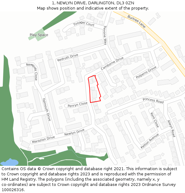 1, NEWLYN DRIVE, DARLINGTON, DL3 0ZN: Location map and indicative extent of plot