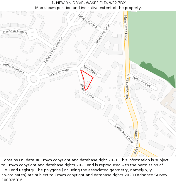 1, NEWLYN DRIVE, WAKEFIELD, WF2 7DX: Location map and indicative extent of plot