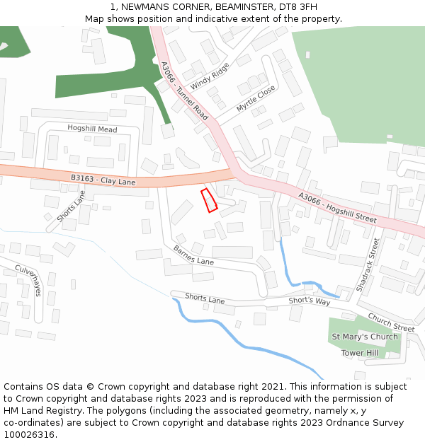 1, NEWMANS CORNER, BEAMINSTER, DT8 3FH: Location map and indicative extent of plot